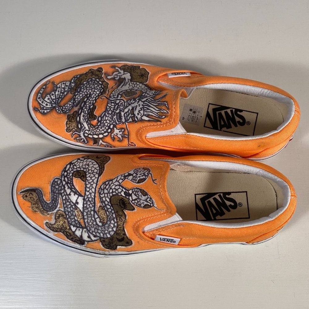 Vans Custom Painted Dragon Snake Orange Canvas Slip on Sneakers Women Size 7 - Picture 7 of 10